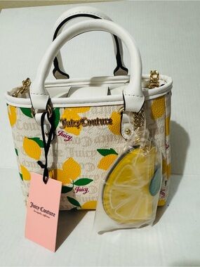 Juicy Couture White Mini Tote with Yellow Lemon Print and Gold Hardware